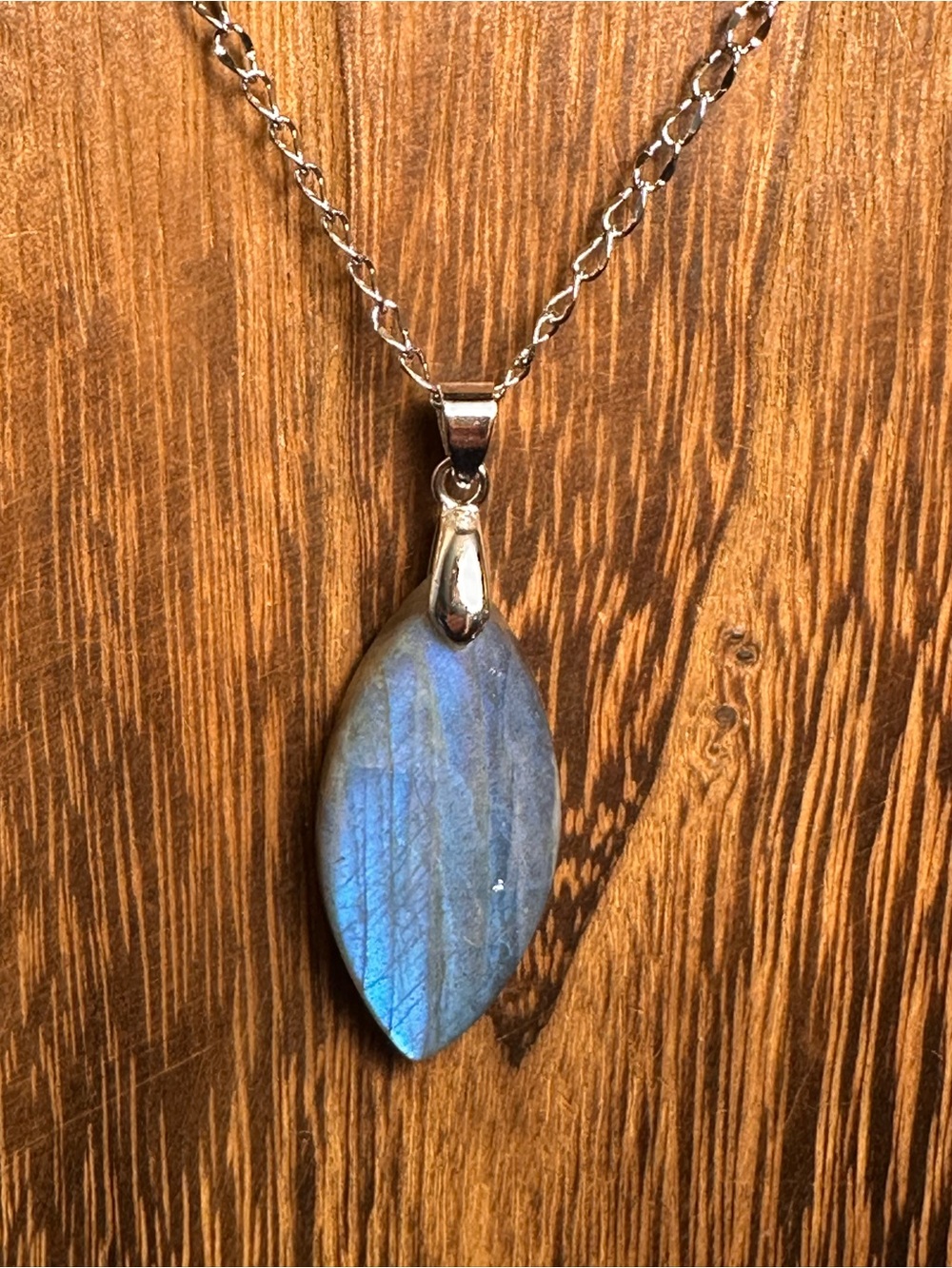 Blue Labradorite Marquise Shaped Pendant Necklace on Stainless Steel Chain - Picture 4 of 16